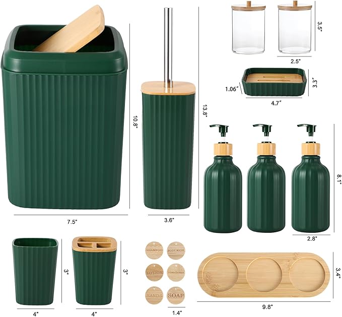Bathroom Set 17PCS Bathroom Accessories with Trash Can 3PCS Lotion Soap Dispenser,Bathroom Accessories Set Green Bathroom Sets for Bathroom Decor