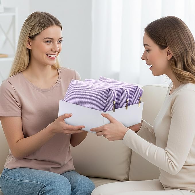 Sanwuta 6 Pcs Seersucker Cosmetic Bags Bulk Seersucker Makeup Bags Stripe Women Pouch Large Preppy Storage Pouch Toiletry Travel Organizer for Wedding Bridesmaid Bride Favor Mom Gift (Purple)