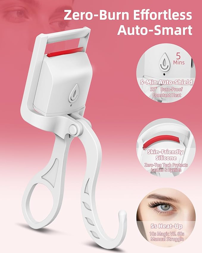 Heated Eyelash Curler, 5s Fast Heating Electric Eyelash Curler, Safe Anti-Burn Eyelash Curlers with Silicone Pad, Type-C Quick Charge, Intelligent Temp Control, 24H Long-Lasting Curls (White)