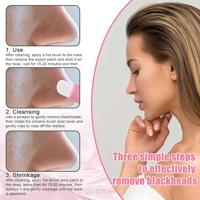 Blackhead Remover Tool, Silicone Stainless Steel Blackhead Extractor Deep Clean Black Head Remover for Face Nose with Silicone Brush Dust Cover Face Scraper Tool for Women (Pink)