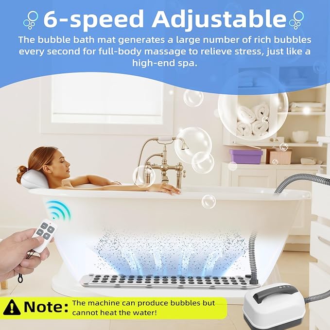 Iridesc Bubble Bath Mat Tub Spa Massager - Portable Spa Bubble Bath Massager with Remote Control, Upgraded Powerful Suction Cup, Pillow, Electric Air Pump, 6-Speed Bubbles for Home Relaxation