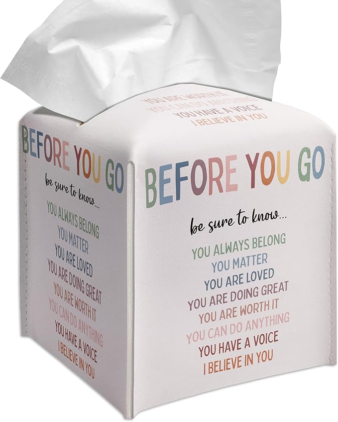 Grace Yonks Cute Motivational Tissue Box Cover Square, Cube Case for Facial Tissues, 5.2" PU Leather(076)