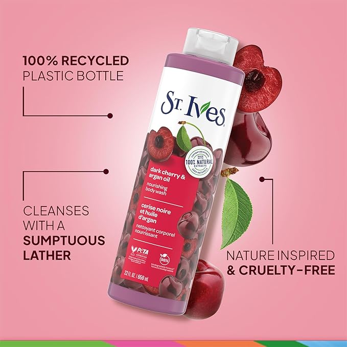 St. Ives Body Wash, Dark Cherry & Argan Oil Nourishing Shower Gel 2-Pack, 100% Natural Extracts, Cruelty-Free, 22 Oz Ea