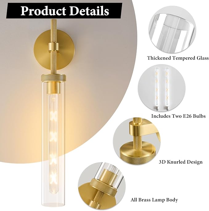 Brass Knurled Tube Wall Sconce - Set of 2 Luxury Modern Glass Sconces with Bulbs - Gold Dimmable Indoor Lighting - Vertical Mounted Light Fixture for Vanity Mirror Bathroom Bedroom Living Room Hallway