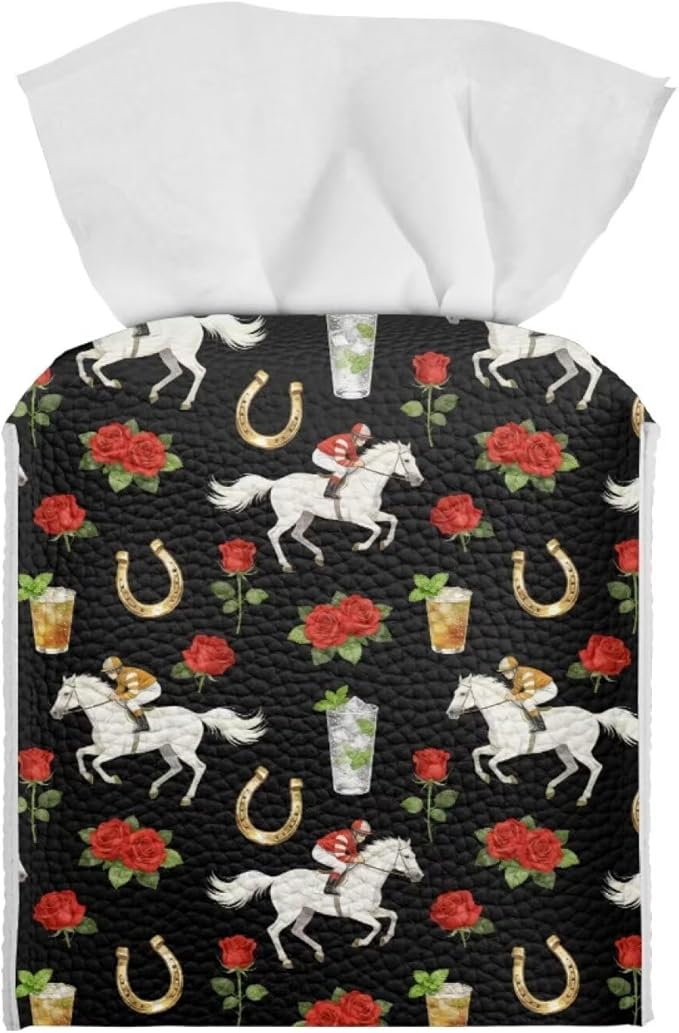 Rose Racing Horse Decorative Tissue Box Cover, Waterproof PU Leather Square Holder with Metal Button, Protective Napkin Case for Bathroom Countertop, Office Desk, and Car Interior