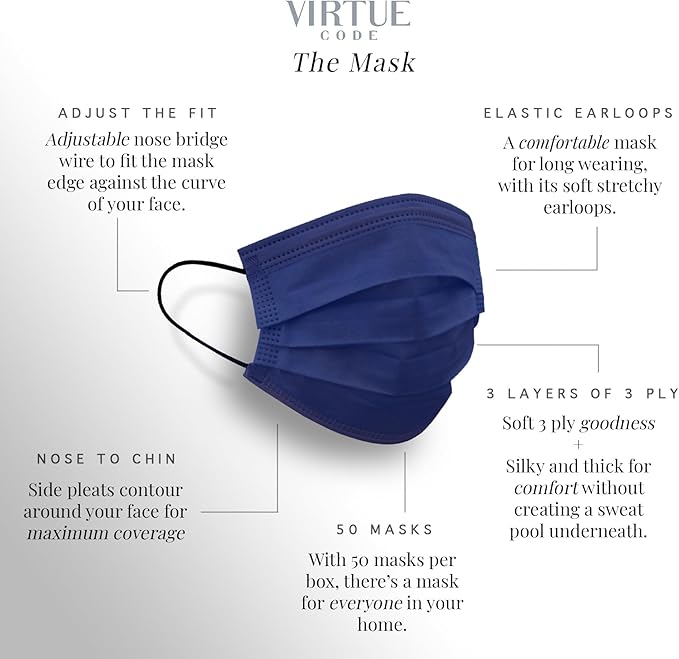 VIRTUE CODE Support Face Masks - Soft 3 Ply Comfort Colorful Disposable Face Mask 50 Pack. Blue Purple Green Colored Masks. Adults Mens and Womens Disposable