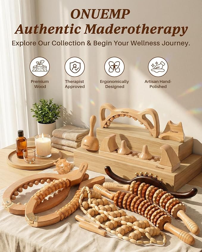 ONUEMP Wood Therapy Massage Tools, Wooden Bend Waist Thigh Massager & Muscle Roller Stick, Maderoterapia Colombiana Kit for Lymphatic Drainage, Anti Cellulite, Body Contouring/Shaping, Deep Tissue