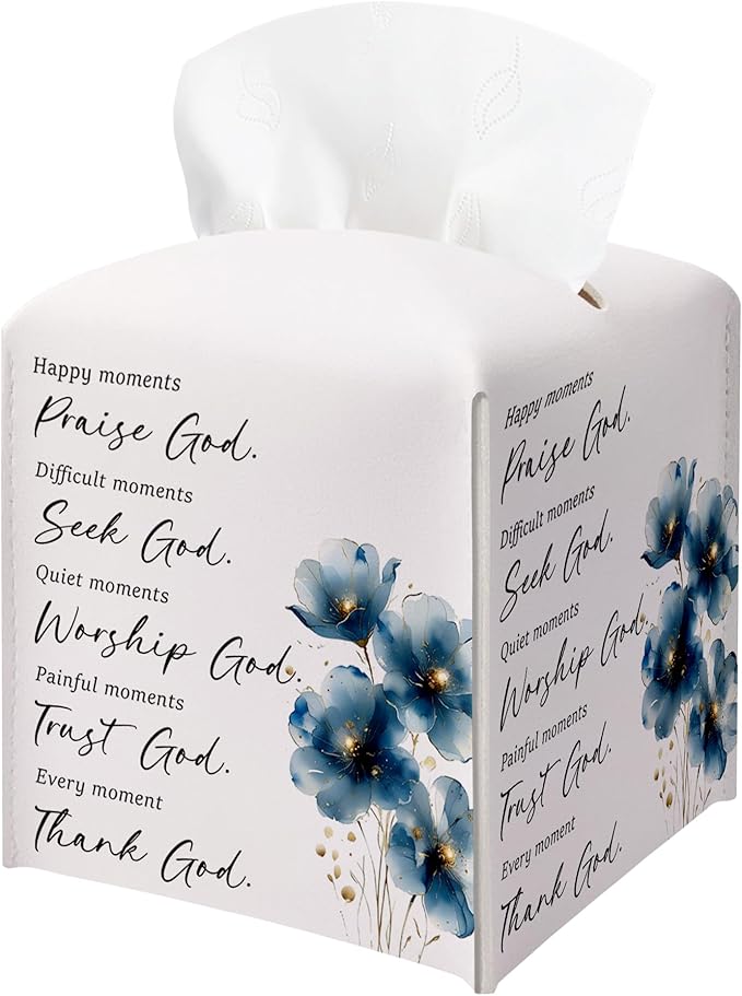 Christian Bible Verses Tissue Box Cover Square, Thank God Waterproof Leather Tissue Box Holder, Blue Flower Stylish Paper Facial Tissue Box Covers Cube for Office Bathroom Home Prayer Room