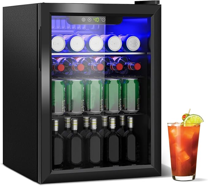 Beverage Refrigerator Cooler, 95 Can Mini Fridge Glass Door for Drinks Soda, Beer, or Wine - Small Refrigerator for Office Bedroom Home Bar, Adjustable Shelves, 2.6 Cu.Ft, Black