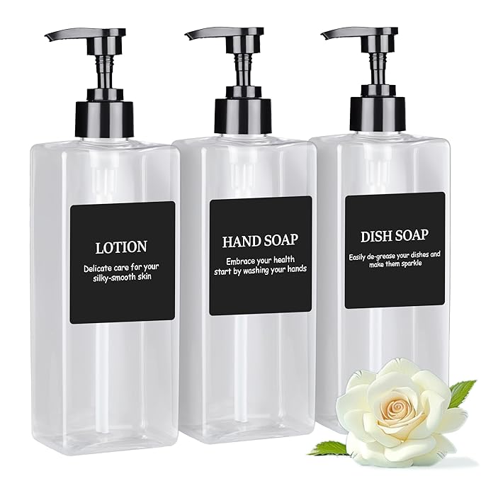 Clear Refillable Plastic Pump Bottle Dispenser Set with Waterproof Labels, Empty Bathroom Soap and Body Wash Dispenser for Shower (Set of 3, 500ML)