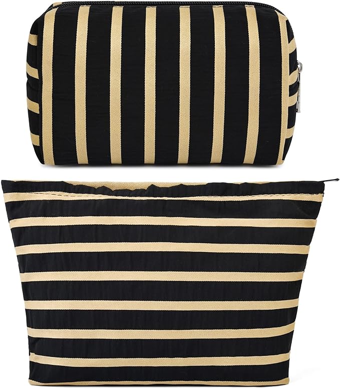 SOIDRAM 2 Pieces Makeup Bag Large Stripe Cosmetic Bag Capacity Canvas Mix Travel Toiletry Bag Organizer Cute Makeup Brushes Aesthetic Accessories Storage Bag for Women, Stripe Mix Black