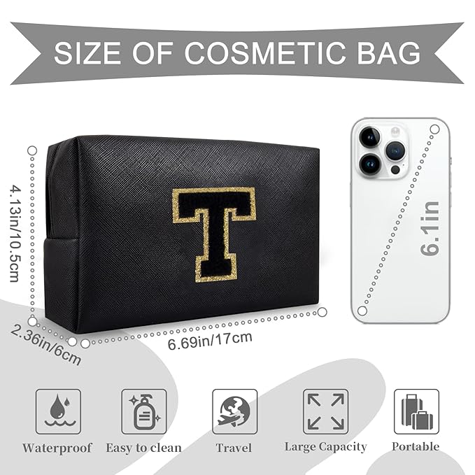 Personalized Initial A-Z Preppy Patch Makeup Bag,Small PU Chenille Letter Cosmetic Bag with Zipper for Teen Girls,Black Cute Toiletry Organizer Bag,Monogram Makeup Case Gift for Women Girls,Letter T