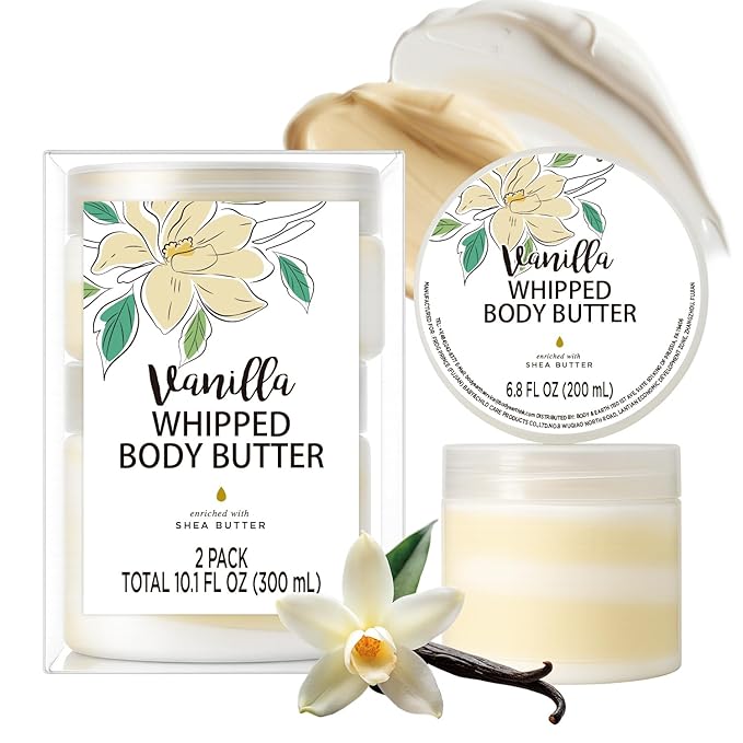 Vanilla Whipped Body Butter, Shea Body Butter for Women Dry Skin, Natural Vanilla Lotion for Body Moisturizer-Deep Moisturizing and Softening-3.4 floz+6.8 floz(100ml+200ml)