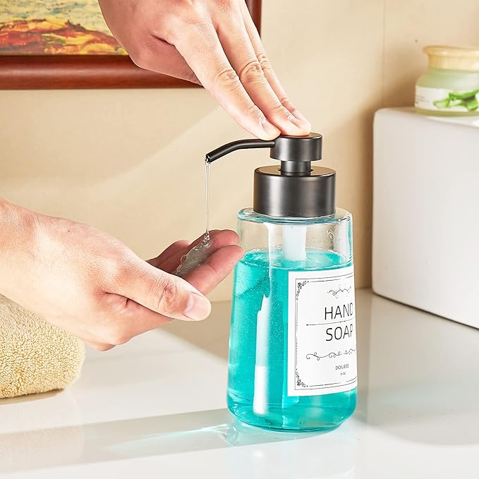 Doiliese Soap Dispenser, Clear Glass Soap Dispenser with Rust Proof Pump, 16oz Liquid Soap Pump with Waterproof Labels, Dish & Hand Soap for Bathroom, Kitchen, Matte Black, Pack of 2