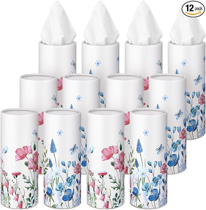 Fourluoo 12 Pack Spring Wildflower Cylinder Tissues for Car Floral Round Cylinder Holder with 3 Ply Facial Tissues for Spring Travel Home Bathroom Office Accessories