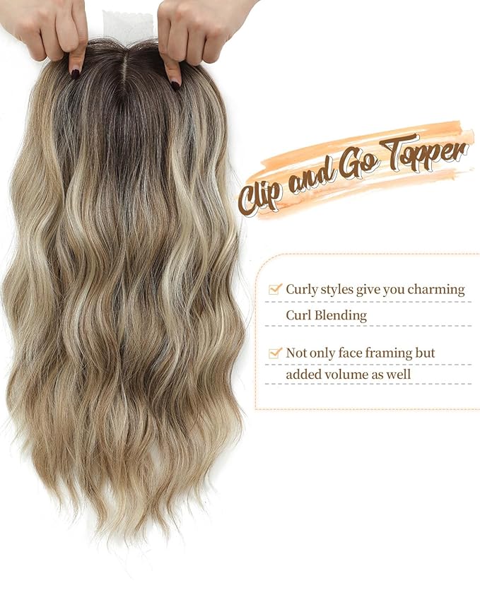 PANEWAY Hair Topper 16 Inch Synthetic Wavy Clip in Hair Piece for Women, Balayage Dark Brown Root to Blonde Ombre with Highlights, Natural Wiglet for Volume & Coverage