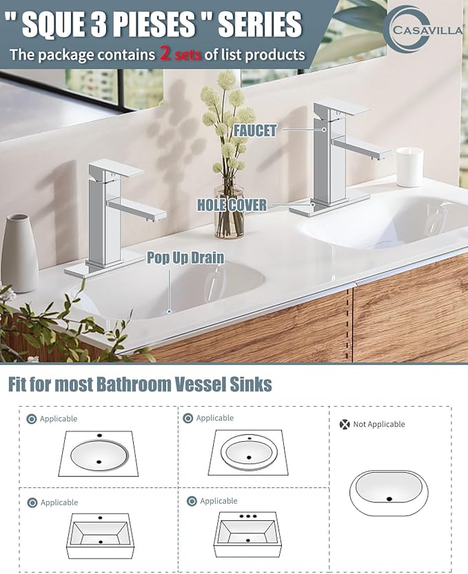 Bathroom Faucet-2 Sets, Bathroom Sink Faucets with Pop-up Drain and Deck Plate, Stainless Steel Faucets for Sink 3 Hole, Single Handle Vanity Faucet for Vessel, Chrome