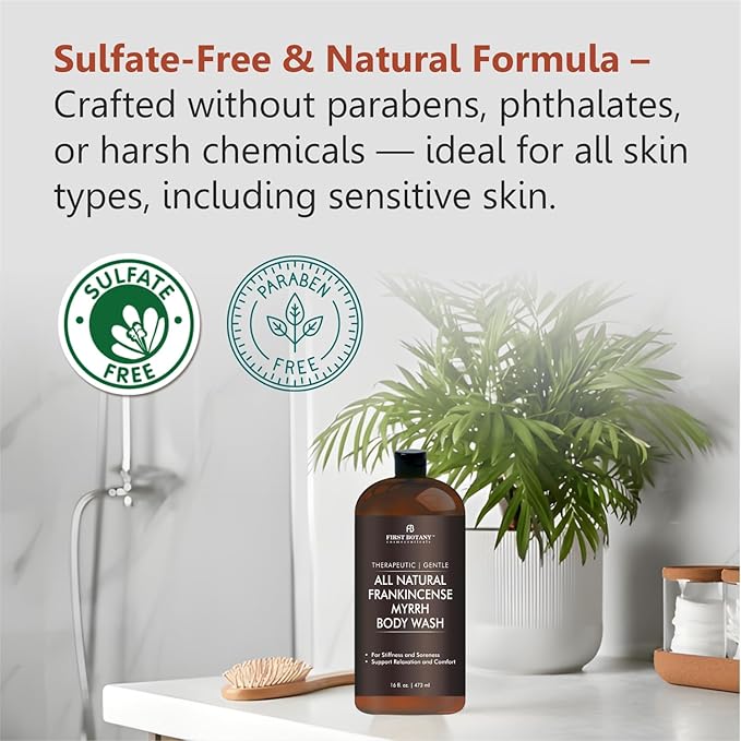 First Botany, ALL Natural Body Wash - Fights Body Odor, Athlete's Foot, Jock Itch, Nail Issues, Dandruff, Acne, Eczema, Shower Gel for Women & Men, Skin Cleanser -16 fl oz (Frankincense Myrrh)