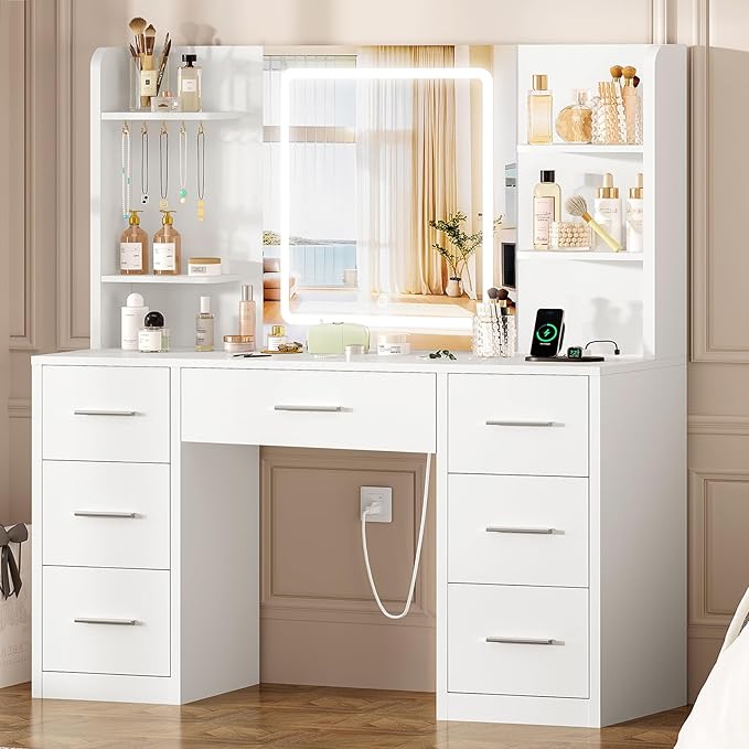 Quimoo Large Vanity Desk with LED Lighted Mirror & Power Outlet, Makeup Vanity Table with 7 Drawers,4 Shelves and 5 Hooks, White Vanity for Bedroom, Bathroom