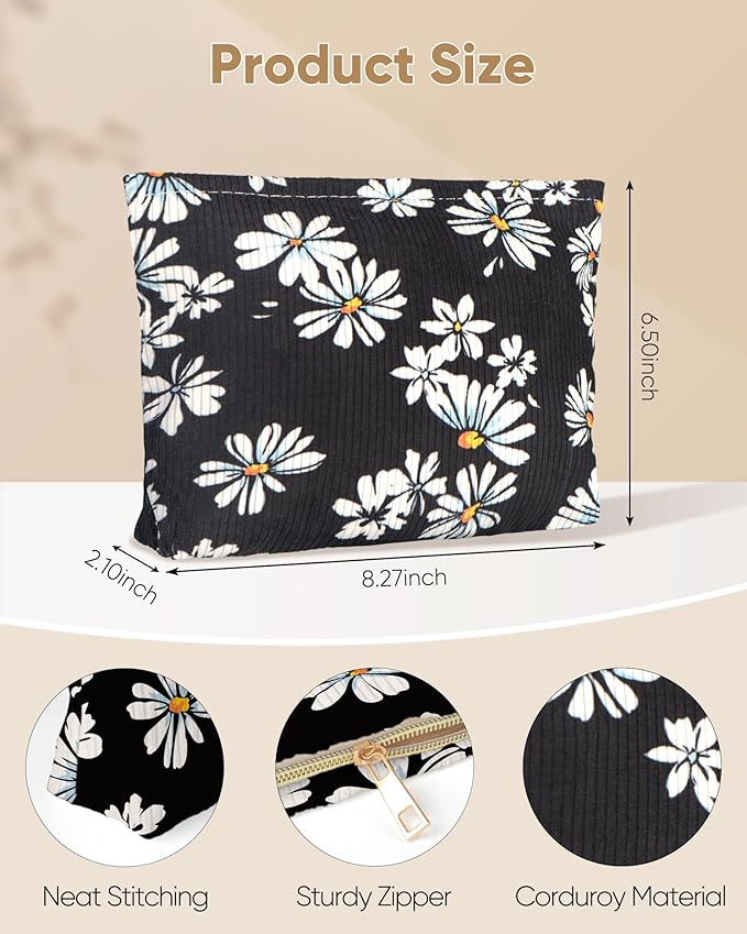Cute Elegent Black Floral Flower Makeup Pouch for Women Small Make Up Bag for Purse Zipper Initial Makeup Cosmetic Bags Pouches for Purse Aesthetic Travel Toiletry Bags