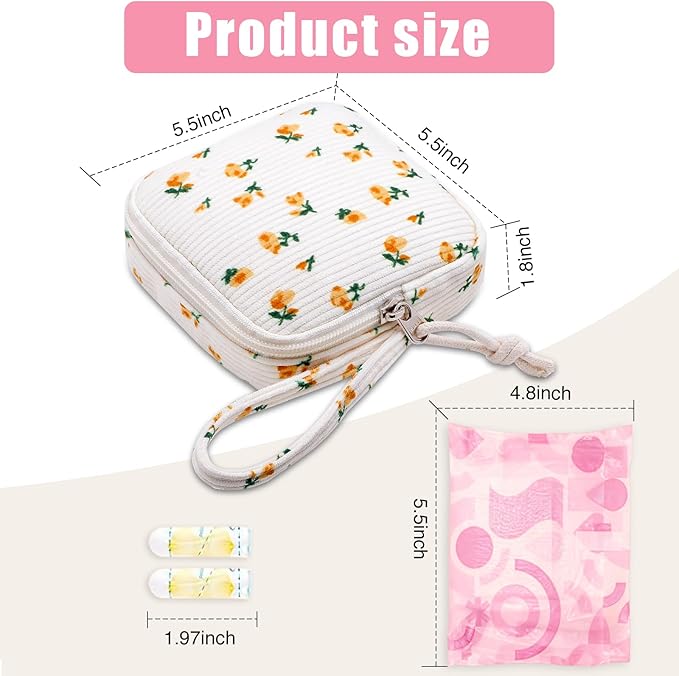 Small Makeup Bag | Discreet Period Bag Pad Pouch for Purse| Sanitary Napkin Storage & Tampon Holder for Travel (Flower yellow)