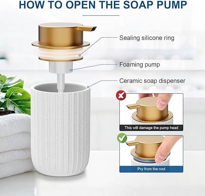 Ceramic Foaming Soap Dispenser, 12 oz Bathroom Foam Hand Soap Dispenser, Refillable Lotion Soap Dispenser with Removable Pump for Kitchen Hand Wash Dispenser, Modern Home Decor (Speckled White)