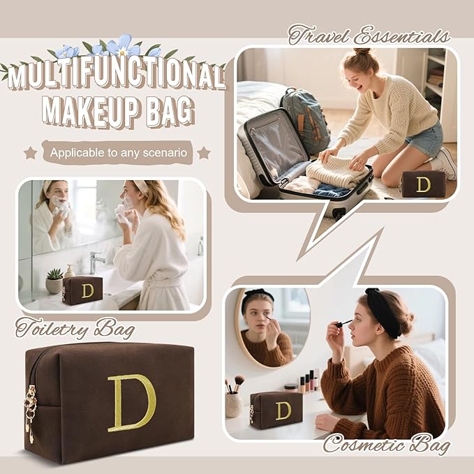 Personalized Initial Makeup Bag,Preppy Suede Cosmetic Bag for Teen Girls,Small Monogram Travel Toiletry Bag With Gold Embroidered Letter,Trendy Stuff Custom Christmas Gift for Women(Coffee-D)