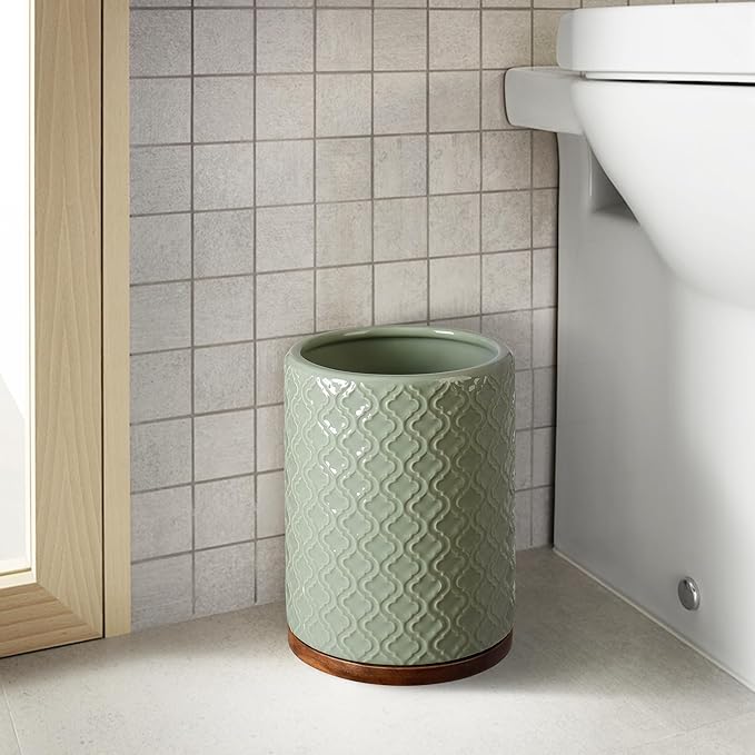 Elegant Bathroom Accessories Set 6 PCS Ceramic and Wood Bathroom Accessory Set Soap Dispenser Toothbrush Holder Tumbler Soap Dish Tray Trash Can Easy to Clean Quatrefoil Pattern Green
