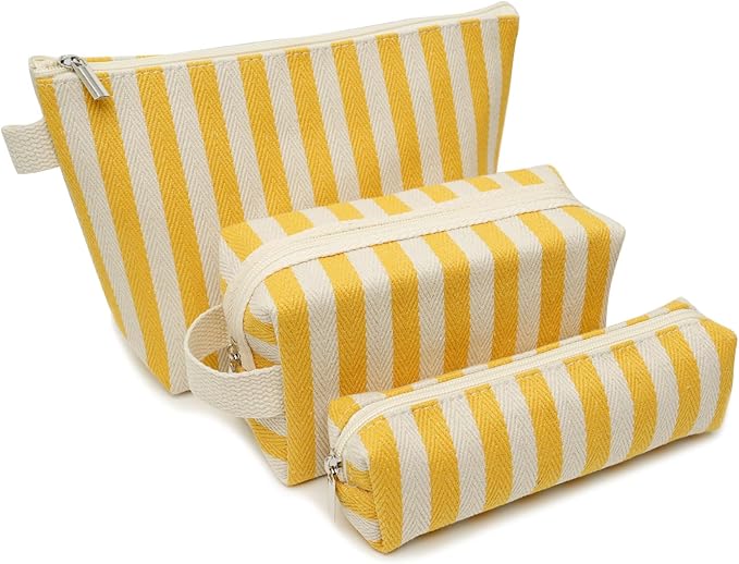 3 Pcs Makeup Bag Set Striped Canvas Purse Cosmetic Bag For Women Travel Toiletry Pouch Organizer pencil case (Yellow-White)