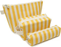 3 Pcs Makeup Bag Set Striped Canvas Purse Cosmetic Bag For Women Travel Toiletry Pouch Organizer pencil case (Yellow-White)