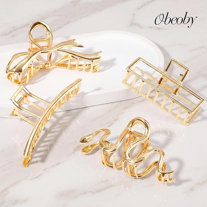 Obeoby Large Metal Hair Claw Clips for Women, 4 Pcs 4 Inch Gold Hair Clips for Thick Hair - Strong Hold Cute Fashion Barrettes Hair Accessories Holiday Birthday Gifts