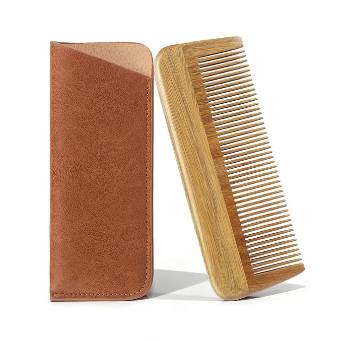 Onedor Handmade 100% Natural Green Sandalwood Wooden Comb for Men Hair, Beard, and Mustache Styling Pocket Comb With Leather Case (Short)