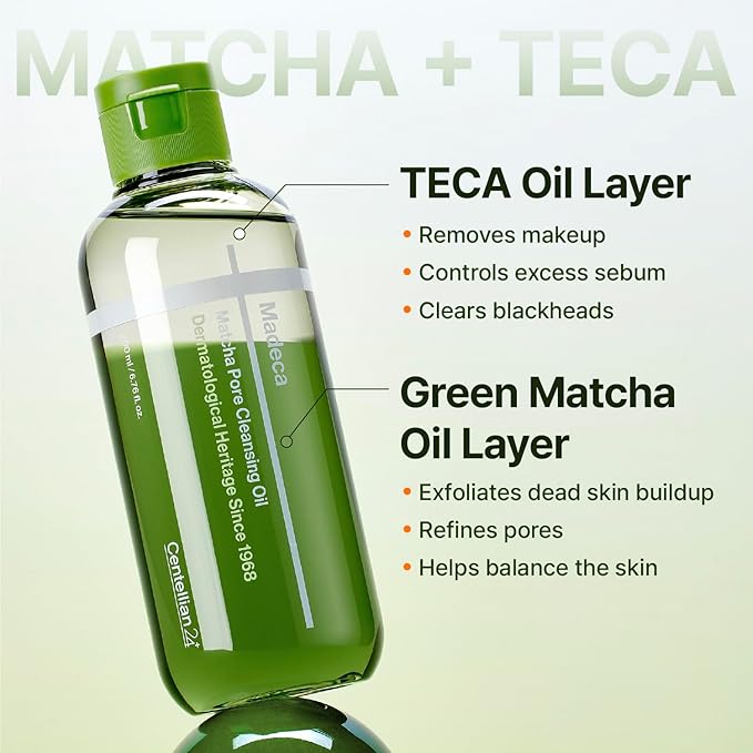 CENTELLIAN 24 Madeca Matcha Cleansing Oil (6.76fl oz) – Two-Tone TECA & Jeju Matcha Deep Cleanser for Pores, Sebum & Blackheads, Waterproof Makeup Removal, Korean Skincare