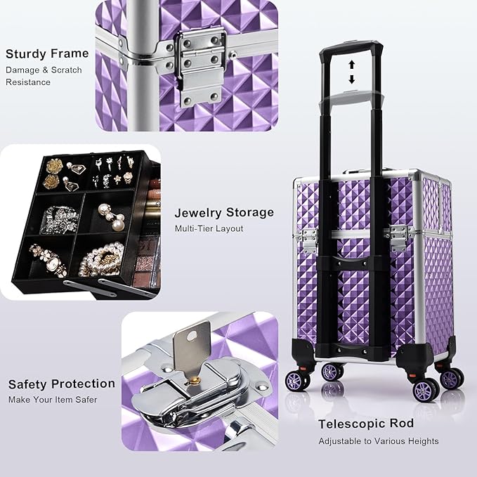 Stagiant Rolling Makeup Train Case Large Storage Cosmetic Trolley 4 Tray with Sliding Rail Removable Middle Layer with Key Swivel Wheels Salon Barber Case Traveling Cart Trunk
