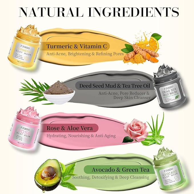 4 Pcs Clay Mask for Face(360g in total), Turmeric Vitamin C, Dead Sea Mud, Green Tea Avocado, Rose, Face Mask Skincare for Pore Cleansing, Facial Clay Mask Set Gifts for Women, 3.17 Oz Each