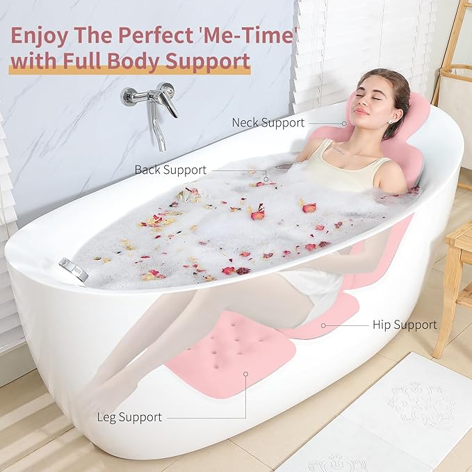 Bath Cushion, Full Body Bathtub Pillow with 160 Suction Cups, Bath Mat for Head and Neck Support, with Laundry Bag (Light Pink, 56" x 16")
