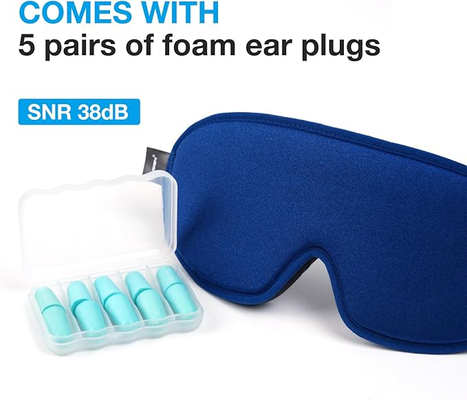 LYSIAN Cooling Sense 3D Sleep Eye Mask for Women Men, Eye Mask with Contoured Design with 5 Pair Ear Plugs, Block Light for Deep Sleep - Blue