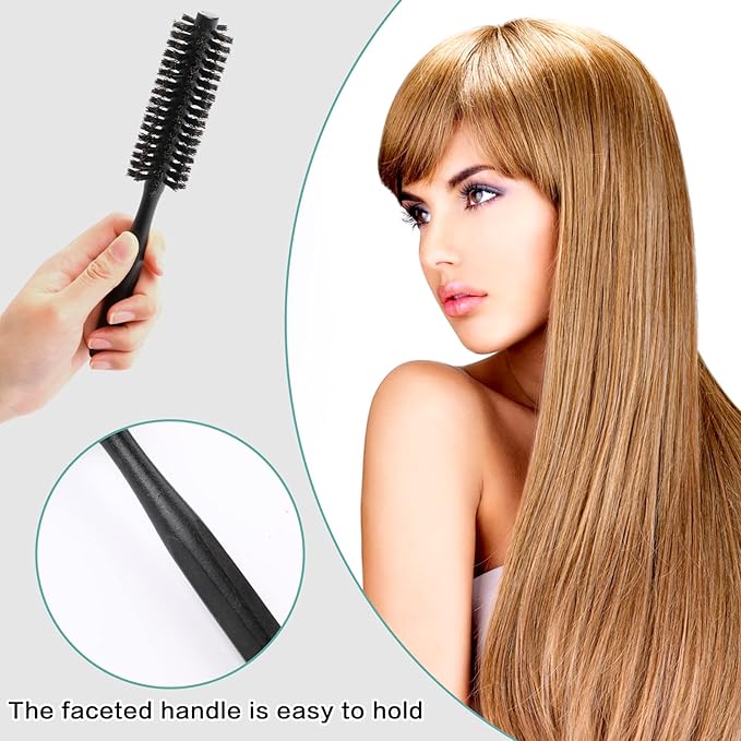 Mozeat Lens Boar Bristle Round Hair Brush, Hair Brush for Women & Men's Short Fine Hair, Beard, Natural Wooden Handle, Travel Size, 21cm(8.26in), Black