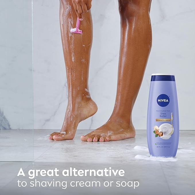 NIVEA Nourishing Shea Butter Body Wash with Nourishing Serum, Moisturizing Body Wash for Women, Enriched Provitamin B5 and Vitamin E, 20 Fl Oz Bottle