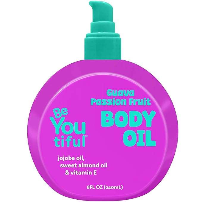 BeYoutiful Moisturizing Body Oil for Kids & Teens, Easter Basket Stuffers, Guava Passion Fruit Glow Oil with Jojoba & Sweet Almond, Hydrating Bath Oil, 8 oz, Easter Gifts for Kids