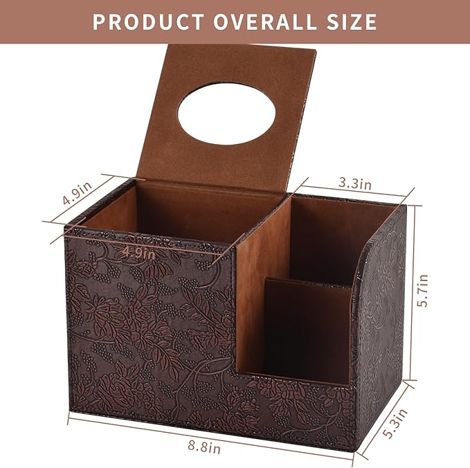 PU Leather Tissue Box Cover Square Tissue Holder Tissues Box Organizer with 2 Compartment,Remote Control Holder,Multifunctional Decorative Tissue Box Covers Cube,Home Office Desktop Storage Box,Retro