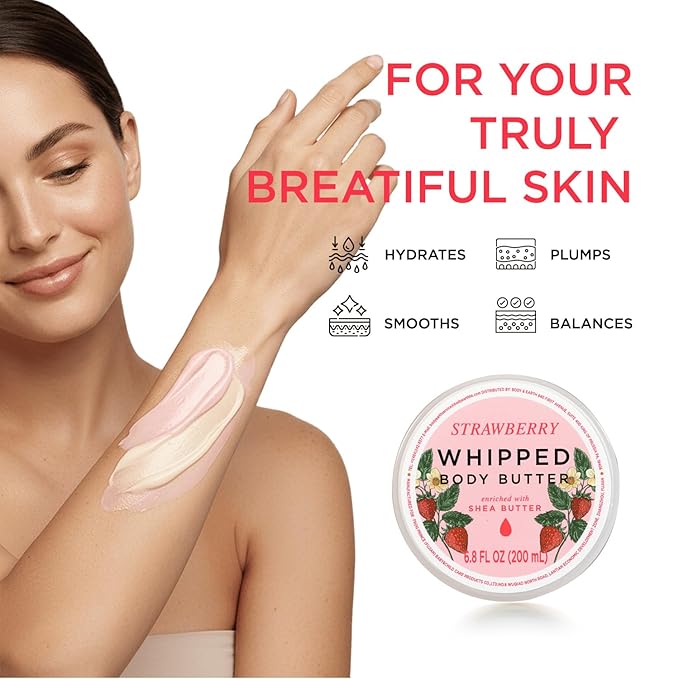 Princess Belle Strawberry Whipped Shea Body Butter, Body Moisturizer for Dry Skin, Body Butter for Women Smell Good, Leaves Skin Feeling Moisturized and Soft-200ml(6.8 floz)