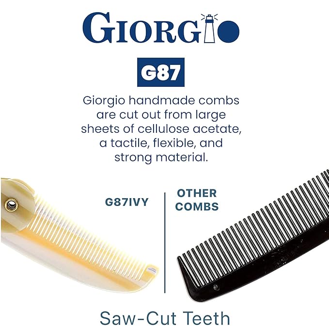 Giorgio G87 Folding Mustache and Beard Comb, Small Pocket Comb for Men Everyday Grooming and Hair Care. Handmade, Saw-cut and Hand Polished Styling Men's Folding Combs. Ivory 4.5 Inch