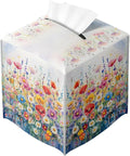 Flower Tissue Box Cover Vibrant Watercolor Bloom Field Dreamy Spring Art Square PU Leather Waterproof Tissue Box Holder for Car Bathroom Bedroom Office Tabletop Decor