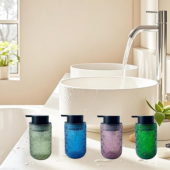 Foaming Hand Soap Dispenser,Vintage Glass Soap and Lotion Dispenser for Bathroom,Kitchen Dish Soap Dispenser with Black Foam Pump (Blue Begonia Flower+Black Lid)