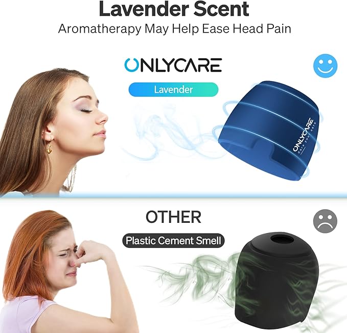 ONLYCARE Migraine Relief Cap, Upgraded Odorless Headache Relief Cap Mask Products, 360° Gel Surround Cooling Ice Pack Mask Head Wrap for Tension, Migraine, Sinus, Stress, Headaches, Hangover, Blue