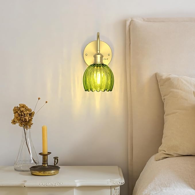 2-Pack Wall Sconces Lights Lamp for Bedroom Bathroom, Modern Vanity Light Fixtures, Wall Mount Lighting Vintage Tulip Green Glass Shade for Living Room Mirror Hallway Kitchen