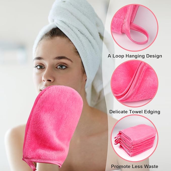 PHOGARY 6 Pack Microfiber Face Body Wash Mitts, Reusable Makeup Remover Mitt Gloves, Soft Flannel Cleansing Mitts Bath Spa Cloth, European Style Face Cloth Mittens, 6×8inch, Hot Pink