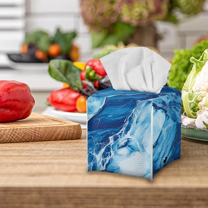 Blue Marble Tissue Box Cover Modern Square Tissue Box Organizer Decorative PU Leather Facial Paper Holder for Bathroom Vanity Countertop Bedroom Dresser Office Desk
