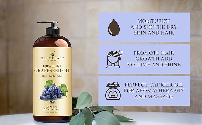 Handcraft Blends Grapeseed Oil | 100% Pure and Natural | Bath & Body Oil | Premium Grade Carrier Oil | Skin | Hair | Body | Massage | Cold-Pressed | Hexane-Free | 16 Fl Oz (Pack of 2)